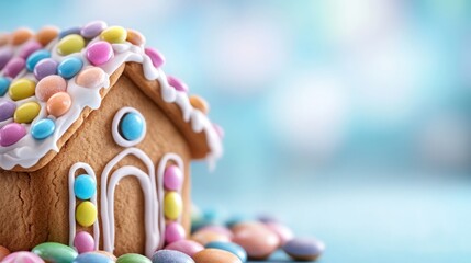 A beautifully decorated gingerbread house with colorful candy and icing details for holiday celebrations