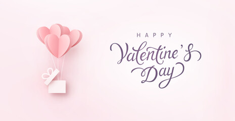 Paper balloons in shape of heart and present on pink background. Vector symbols of love with gift box for Happy Valentine's Day greeting card design
