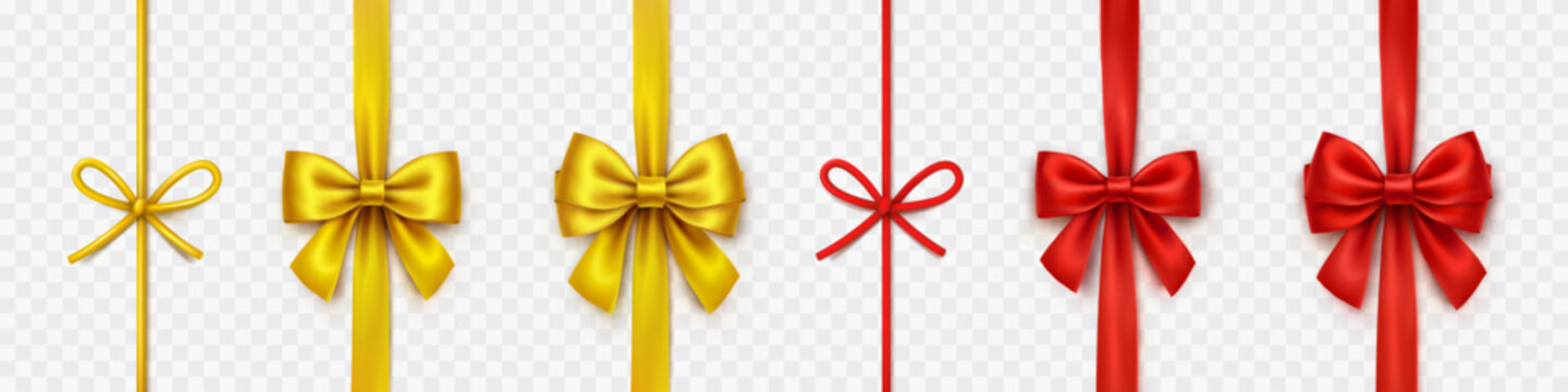 Bow set isolated on transparent background. Vector Christmas red and gold satin ribbons, strings, cords with shadow, xmas wrap elements template