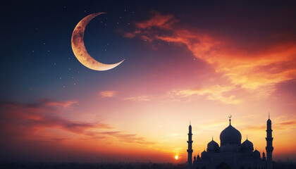 Obraz premium mosque at sunset moon ramadan