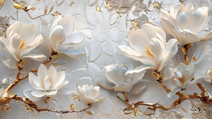 A refined and luxurious wall art design featuring white magnolia flowers on a metallic foil...