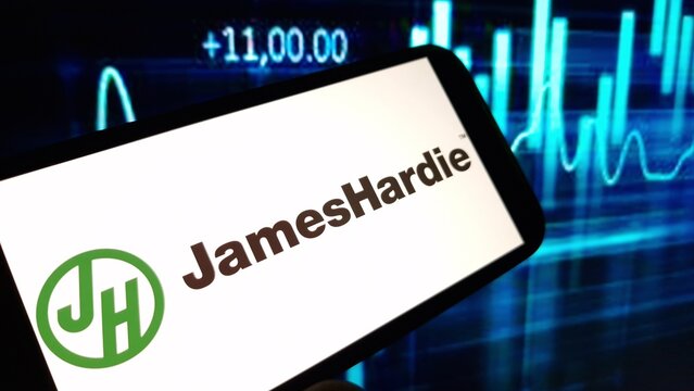 Konskie, Poland - December 08, 2024: James Hardie Industries company logo displayed on mobile phone
