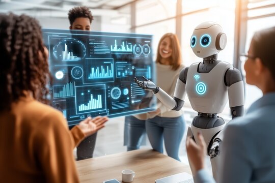 Humanoid robot working in a team with humans around, pointing to a modern holographic screen full of graphics, in a bright office