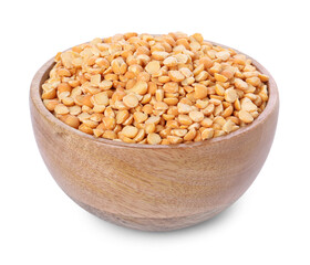 Dried peas in wooden bowl isolated on white