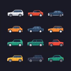 Fototapeta premium Collection of nine various car body style icons featuring popular automobiles in a colorful flat design