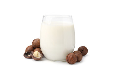 Glass of macadamia milk and nuts isolated on white