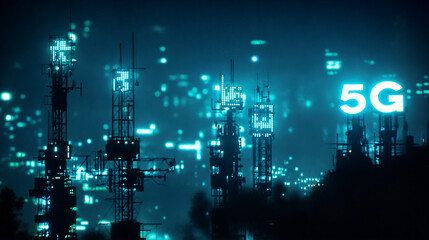Fototapeta premium Urban skyline illuminated by 5G technology showcasing a vibrant city at night with futuristic elements and bright lights.
