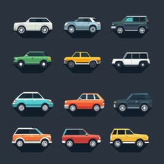 Set of twelve modern cars featuring a variety of car types with simple flat design and long shadows