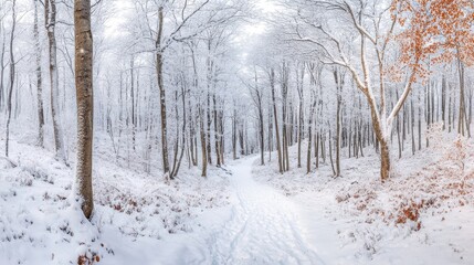 peaceful winter forest with snow-covered trees and a narrow, untouched path leading through