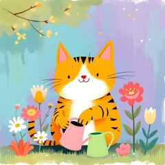 Cute Orange Cat Gardening with Flowers in Spring Garden