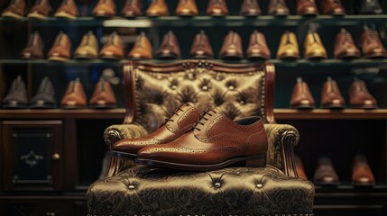 Brown Leather Brogue Shoes on a Velvet Chair