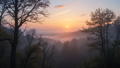 Fototapeta premium Misty morning landscape with sunrise illuminating the serene forest and rolling hills 