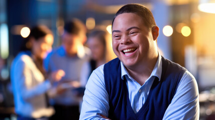 Happy young man with Down syndrome smiling in a modern setting with blurred group of people in the background, creating a warm and inviting atmosphere.