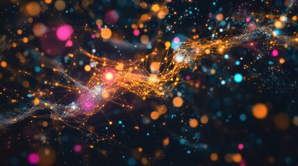 This is a vibrant abstract background, showcasing an array of colorful particles along with dynamic light waves