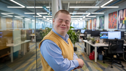 Fototapeta premium Cheerful young man with Down syndrome smiles confidently in a bright office environment, wearing a casual blue shirt and yellow vest.