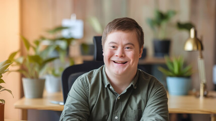 A young man with Down syndrome smiling cheerfully at a desk surrounded by potted plants, showcasing a bright and positive workspace atmosphere.