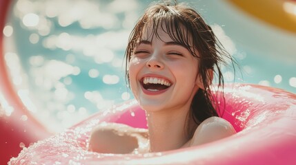 Happy girl laughing in pink pool float