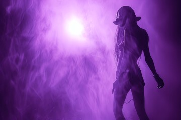 Obraz premium Trendy teen model embracing 90s vibes in hoodie and headphones, dancing under purple neon lights