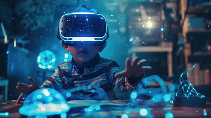 A high-tech character in glowing armor working with a futuristic holographic interface