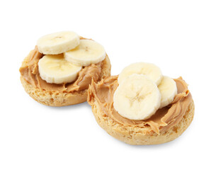 Tasty sandwiches with peanut butter and banana isolated on white