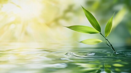 Green Bamboo Sprout Emerging From Tranquil Water