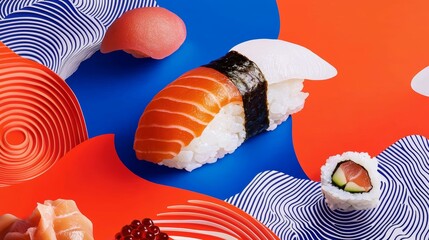 A vibrant display of sushi featuring various types, including salmon nigiri and rolls, set against a colorful abstract background.