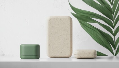 A modern display of eco-friendly containers in muted tones, complemented by a green leaf, emphasizing sustainability and minimalism.