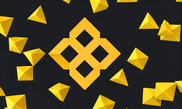 Yellow square logo exploding and spinning on a black screen