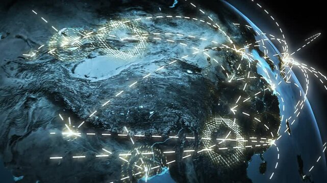 World connections with city lights. Gray. Earth globe. Spinning Earth with light lines growing from major cities all over the world..