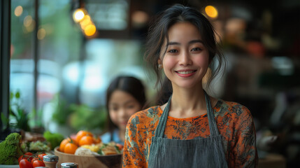 Smiling Cafe Owner: A young woman in a grey apron smiles warmly at the camera, with fresh vegetables and a bowl of oranges in the foreground, radiating a sense of warmth and hospitality.  