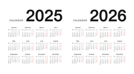 Year 2025 and Year 2026 calendar horizontal vector design template, simple and clean design. Calendar for 2025 and 2026 on White Background for organization and business. Week Starts Monday.