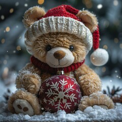 Teddy Bear Wearing Santa Hat in Winter Setting