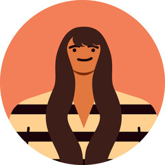 Minimalist vector illustration of a young woman with long brown hair, wearing a striped shirt, smiling subtly against a round orange backdrop, creating a simple yet stylish profile picture