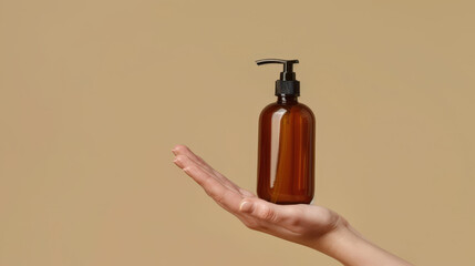 hand holding a bottle of soap, empty soap bottle for mockup