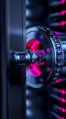 Fototapeta premium A close-up view of a metallic dial with vibrant pink lighting, suggesting themes of security and technology.