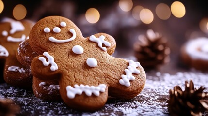 Decorated gingerbread cookie man on the table with flour and pines. Banner with copy space