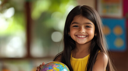Naklejka premium Happy Girl Holding Globe Child Education Global Learning World Map