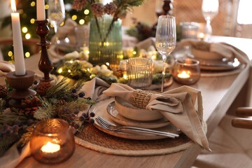 Christmas place setting with festive decor on wooden table in room