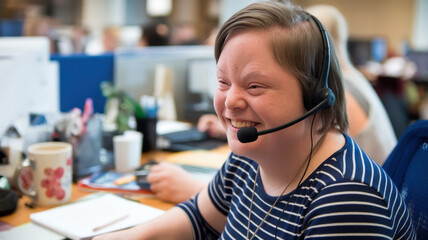 Cheerful young woman with down syndrome wearing a headset, working in an office environment. Her bright smile radiates positivity and engagement.