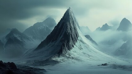 Fototapeta premium Majestic snow-capped peak in a misty mountain range.