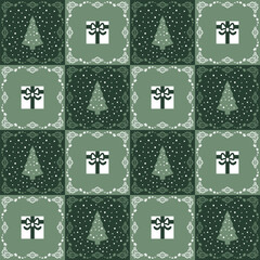 Seamless Pattern. Christmas Tree, Snow falling , Gift. Colors Green and White.