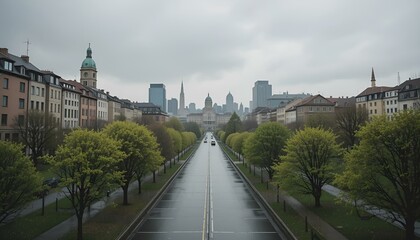 Fototapeta premium Gloomy cityscape with wet streets lined by trees on a rainy day