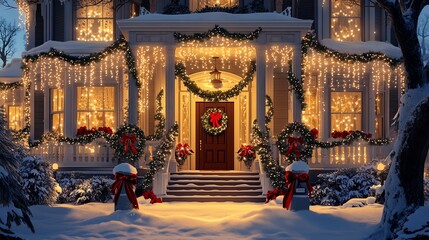 beautifully decorated Victorian house for Christmas with snow falling