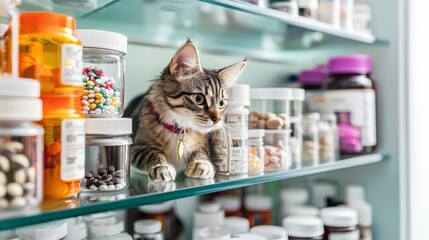 Organized pet medications display with cat curiosity at vet office modern pharmacy clear shelving playful atmosphere