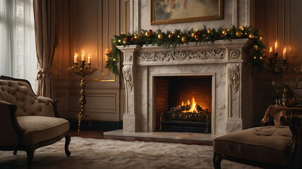 Cozy Christmas fireplace scene in a classic living room with armchairs, candles, and a garland.