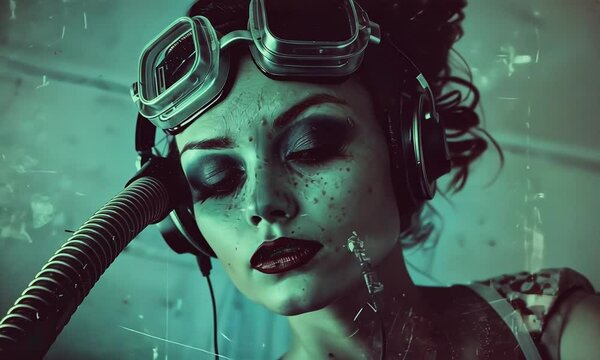 Cyberpunk girl headbanging with headphones in neon lights