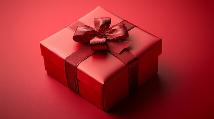Obraz premium square red gift box sits on a matching red background Its adorned with a large sparkly red ribbon tied in a bow The image evokes feelings of celebration and anticipation