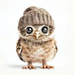 Naklejka premium Adorable small owl wearing a cozy brown knit hat, gazing with large, bright eyes against a simple white background.