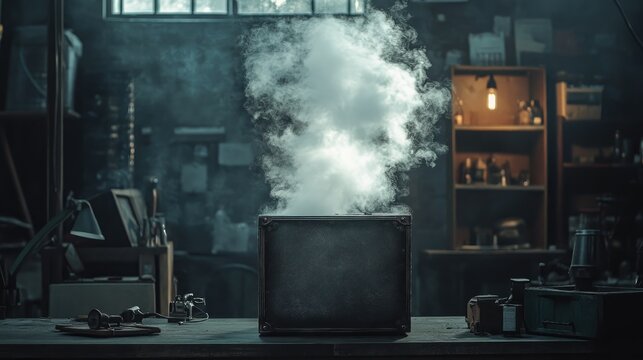 A steampunk-inspired metal box releasing steam-like smoke into a dim workshop
