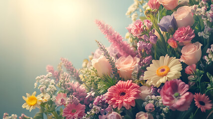 Spring floral composition made of fresh colorful flowers on light pastel background. Festive flower concept with copy space.